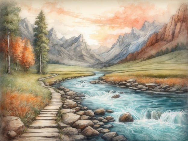 Auf dem Bild ist eine malerische Landschaft mit einem klaren Fluss zu sehen, der durch eine traumhafte Szenerie fließt. Umgeben von majestätischen Bergen und einer üppigen Wiese, laden die sanften Kurven des Flusses zu einer meditativen Reise ein.Die spirituelle Erfahrung auf diesem Fluss könnte einen tiefen Einklang mit der Natur symbolisieren. Das beruhigende Geräusch des fließenden Wassers könnte zur inneren Reflexion anregen und das Gefühl von Klarheit und Harmonie vermitteln. Die bunten Herbstbäume verleihen der Szene eine besondere Wärme und laden ein, die Natur in ihrer Vielfalt zu erleben. Hier könnte man das Gefühl haben, dass der Fluss nicht nur Wasser, sondern auch Energie und Inspiration transportiert, die den Geist und die Seele belebt.