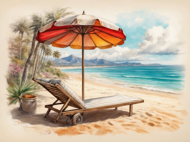Auf dem Bild ist ein schöner Strand zu sehen, ideal für einen entspannten Urlaub. Die Highlights dieser Reise könnten folgende Reiserouten und Aktivitäten umfassen:1. **Strandrelaxation**: Genießen Sie die Sonne unter einem bunten Sonnenschirm auf einer Liege. Perfekt für Sonnenbäder und ein gutes Buch.2. **Wassersport**: Die klare, türkisfarbene See lädt zu Aktivitäten wie Schnorcheln, Schwimmen oder Kajakfahren ein.3. **Naturerkundung**: Spazieren Sie entlang der Küste und entdecken Sie die umliegenden Palmen und tropischen Pflanzen.4. **Kulinarische Erlebnisse**: Besuchen Sie lokale Strandrestaurants, um frische Meeresfrüchte und regionale Spezialitäten zu kosten.5. **Ausflüge in die Umgebung**: Erkunden Sie die nahegelegenen Berge oder Naturschutzgebiete für atemberaubende Ausblicke und Wanderungen.Diese Erlebnisse bieten eine perfekte Mischung aus Entspannung und Abenteuer in einem paradiesischen Ambiente.