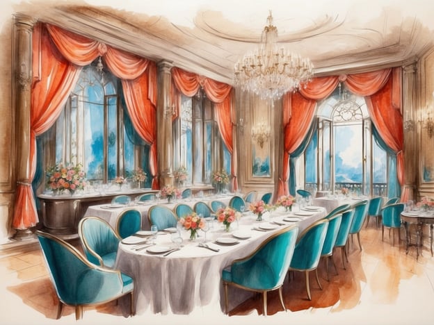 Auf dem Bild ist ein eleganter Speisesaal zu sehen, der für besondere Anlässe an Bord eines Schiffs oder in einem luxuriösen Hotel gestaltet ist. Die Tische sind festlich gedeckt und laden zu einem besonderen Abendessen ein.In einem solch prachtvollen Raum könnten Passagiere an exquisiten Gala-Dinnern teilnehmen, bei denen sie kulinarische Köstlichkeiten genießen und sich von talentierten Köchen verwöhnen lassen. Es wäre auch der perfekte Ort für stilvolle Veranstaltungen, wie Hochzeiten oder Feierlichkeiten, bei denen Live-Musik gespielt wird und alle Gäste in festlicher Stimmung zusammenkommen.Die Fenster gewähren einen atemberaubenden Blick auf das Wasser oder die Umgebung, was den Abend zu einem unvergesslichen Erlebnis macht. Solche Erlebnisse an Bord schaffen eine besondere Atmosphäre und fördern das gesellige Beisammensein unter den Reisenden.