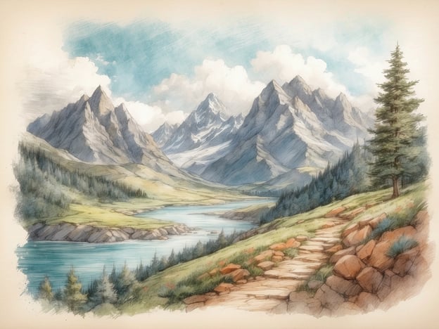 Auf dem Bild ist eine malerische Landschaft zu sehen, die von majestätischen Bergen geprägt ist. Die Gipfel sind schroff und mit schneebedeckten Höhen, die in den klaren Himmel ragen. Vor den Bergen schlängelt sich ein ruhiger Fluss, dessen Wasser in sanften Wellen glitzert. Die Ufer des Flusses sind mit üppigem, grünem Gras und vereinzelten Bäumen gesäumt, die Schatten spenden.Ein Fußweg aus Steinen führt durch die Landschaft, der zum Erkunden der Natur einlädt. Die sanften Hügel und das klare Wasser schaffen eine friedliche Atmosphäre, während die Wolken am Himmel zur Schönheit des Anblicks beitragen. Diese Szenerie vermittelt ein Gefühl von Ruhe und Harmonie mit der Natur.