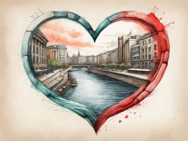 Auf dem Bild ist eine künstlerische Darstellung eines Teils der Spree in Berlin zu sehen, umrahmt von einem herzförmigen Rahmen. Die Spree ist ein zentraler Bestandteil der Stadt, nicht nur als Transportweg, sondern auch als beliebter Erholungsort und für ihre kulturelle Bedeutung. Sie prägt das Stadtbild, verbindet verschiedene Stadtteile miteinander und lädt zu Bootsfahrten und Spaziergängen entlang der Ufer ein.Die Spree symbolisiert auch die Geschichte Berlins, da sie einst eine wichtige Handelsroute war und heute Teil des modernen urbanen Lebens ist. Die umgebenden Gebäude und die Architektur, die in dem Bild angedeutet werden, reflektieren die Vielfalt und den Charme der Hauptstadt.