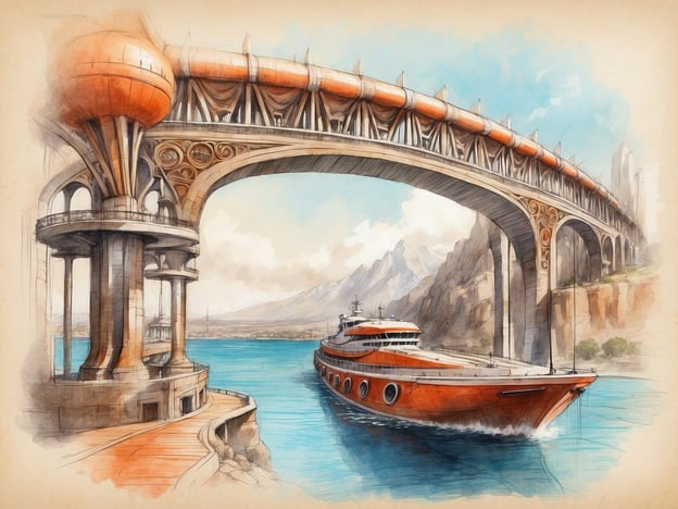 Auf dem Bild ist ein Gespann aus einem Schiff, das unter einer beeindruckenden Brücke hindurch fährt, zu sehen. Der Stil ist eine Mischung aus Illustration und Aquarell, mit harmonischen Farben und einem ansprechenden Landschaftshintergrund.Warum eine Panamakanal Kreuzfahrt buchen? Eine Kreuzfahrt durch den Panamakanal bietet atemberaubende Ausblicke und die Möglichkeit, die beeindruckende Ingenieurskunst des Kanals zu erleben, der zwei Ozeane miteinander verbindet. Außerdem kann man exotische Ziele in Mittelamerika entdecken und die einzigartige Flora und Fauna der Region genießen. Es ist ein unvergessliches Abenteuer, das sowohl entspannend als auch lehrreich ist!