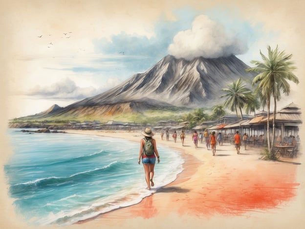 Auf dem Bild ist eine malerische Küstenlandschaft zu sehen, die typisch für eine Hawaii-Kreuzfahrt ist. Im Vordergrund geht eine Person am Strand entlang, während im Hintergrund ein majestätischer Vulkan steht. Entlang der Küste sieht man weitere Strandbesucher und einige Hütten oder Restaurants, die einladend wirken.Aktivitäten, die man auf einer Hawaii-Kreuzfahrt genießen kann, sind zum Beispiel:- Schwimmen und Schnorcheln in den klaren Gewässern- Wandern zu den Vulkanen oder in den tropischen Wäldern- Genießen von lokalen Speisen in Strandcafés- Strandspaziergänge und Entspannen unter Palmen- Teilnahme an kulturellen Veranstaltungen oder Luau-FeiernDiese Aktivitäten reflektieren die Schönheit und das einzigartige Erlebnis, das Hawaii zu bieten hat.