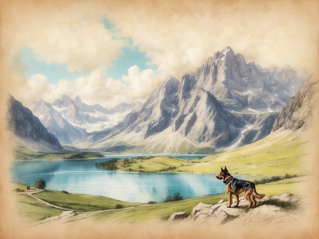 Ein Hund steht auf einem Felsen und blickt über eine malerische Landschaft mit Bergen und einem klaren blauen See. Im Hintergrund erheben sich majestätische Berge, während die Wiesen im Vordergrund sanft im Sonnenlicht leuchten. Ein Wanderweg führt durch die grüne Umgebung, und ein paar Menschen sind in der Ferne zu sehen, die die Natur genießen. Dieses Bild vermittelt die Idee, mit einem Hund die Schönheit der österreichischen Berge und Seen zu erkunden.