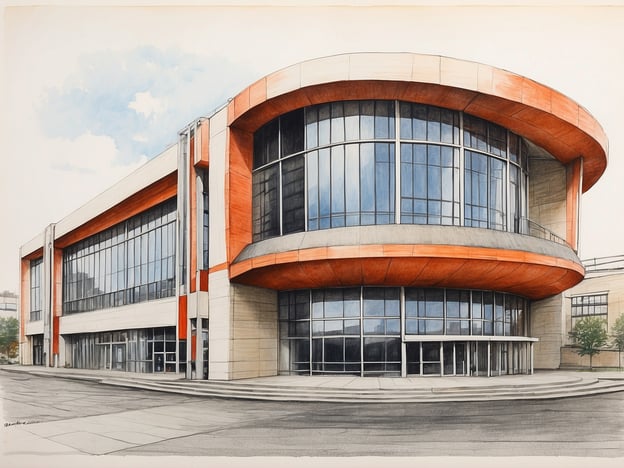 Auf dem Bild ist ein architektonisches Rendering eines modernen Gebäudes zu sehen, das möglicherweise die Deichtorhallen in Hamburg darstellt. Die Deichtorhallen gehören zu den größten Ausstellungshallen für zeitgenössische Kunst und Fotografie in Europa und zeichnen sich durch ihre eindrucksvolle Architektur aus.Die ursprünglichen Deichtorhallen wurden in den 1920er Jahren als Markthallen erbaut. Nach verschiedenen Nutzungsänderungen und einem umfangreichen Umbau in den 1990er Jahren erlangten sie ihren heutigen Status als bedeutendes Kulturzentrum. Die hier dargestellte moderne Fassade könnte eine künstlerische Interpretation oder eine geplante Erweiterung der Deichtorhallen darstellen.