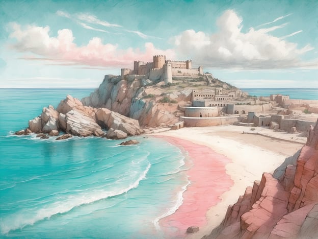 Auf dem Bild ist eine malerische Küstenlandschaft zu sehen. Im Vordergrund gibt es einen schönen Strand mit sanften Wellen, die an den Uferbereich mit hellrosa Sand spülen. Im Hintergrund erhebt sich eine beeindruckende Burg auf einem Hügel, umgeben von steilen Felsen und dem glitzernden Wasser des Meeres. Die strahlende blaue Himmelsfarbe und die sanften Wolken vervollständigen das idyllische Szenario.Wenn du die Magie der Bermuda Kreuzfahrten suchst, dann stelle dir vor, wie du an solch einem wunderschönen Ort anlegst, um die faszinierenden historischen Stätten und die atemberaubende Natur zu erkunden. Entspanne an den Stränden und genieße die unvergessliche Atmosphäre dieser Traumdestinationen!