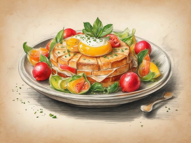 Auf dem Bild sehen wir ein köstliches Gericht, das kulinarische Genießer begeistert. Es handelt sich um eine kunstvoll angerichtete Speise aus mehreren Schichten von knusprig gebratenem Brot, das mit einem perfekt gegarten Ei gekrönt ist. Das Eigelb strahlt in einem leuchtenden Gelb und verspricht einen cremigen Geschmack.Um das Brot herum sind frische, bunte Gemüsebeilagen wie Kirschtomaten, Paprika und zarte Blätter, die dem Gericht eine lebendige Note verleihen. Die Kombination aus den herzhaften Aromen des Brotes und den frischen, knackigen Gemüsen sowie dem aromatischen Basilikum schafft ein harmonisches Geschmackserlebnis. Eine wahre Freude für den Gaumen und ein Augenschmaus für die Sinne!