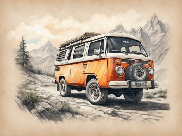 Auf dem Bild ist ein orangefarbener VW-Bus zu sehen, der auf einem malerischen, unbefestigten Weg inmitten einer beeindruckenden Berglandschaft steht. Die Umgebung ist von einer wilden, unberührten Natur geprägt, mit hohen Bergen im Hintergrund und vereinzelten Bäumen, die für ein Gefühl von Abenteuer und Freiheit sorgen. Hier kann man Abenteuer und Natur pur erleben!