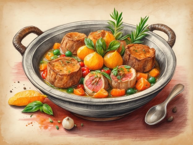 Auf dem Bild ist ein kunstvoll angerichtetes Gericht zu sehen, das an die kanarische Küche erinnert. Besonders typisch sind die Verwendung von frischem Gemüse wie Karotten und Erbsen sowie aromatischen Kräutern. Kanarische Gerichte zeichnen sich oft durch den Einsatz von lokalen Zutaten aus.Ein passendes Gericht könnte ein saftiges Fleischgericht wie „Carne Fiesta“ sein, das häufig mit einer fruchtigen Note zubereitet wird. Die Kombination aus zarten Fleischstücken und frischen Zitrusfrüchten ist charakteristisch. Dazu könnte man „Papas arrugadas“ (runzelige Kartoffeln) mit „Mojo“ servieren, einer typischen Soße von den Kanaren.