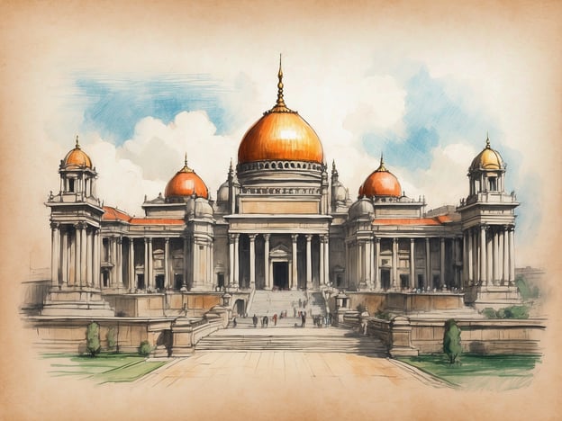 Auf dem Bild ist ein beeindruckendes Gebäude mit auffälligen, goldenen Kuppeln und einer prächtigen architektonischen Gestaltung zu sehen. Diese Art von Architektur erinnert an historische Regierungsgebäude oder Kulturstätten.Ähnliche kulturelle Highlights und Sehenswürdigkeiten, die man in verschiedenen Städten finden könnte, sind beispielsweise das **Reichstagsgebäude** in Berlin, das mit seiner großen Glaskuppel ein markantes Wahrzeichen ist, oder das **Palais Garnier** in Paris, bekannt für seine beeindruckende Fassade und seine opulente Innenausstattung.Dieses Gebäude strahlt Geschichte und Eleganz aus und könnte leicht zum Zentrum kulturellen Lebens eines Landes oder einer Stadt werden. Die vielen Details und die Symmetrie deuten darauf hin, dass es sich möglicherweise um einen Ort von großer historischer Bedeutung handelt.