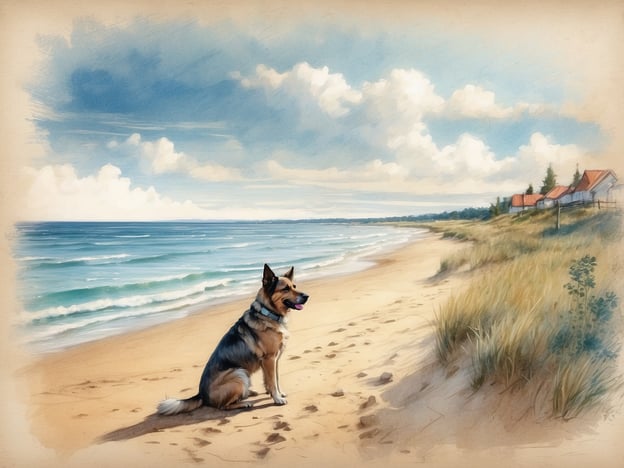 Ein Hund sitzt am Strand der polnischen Ostsee und schaut auf die Wellen, während helle Wolken am Himmel schweben. Der Sand ist weich und von Fußspuren gezeichnet, während im Hintergrund einige rote Dachhäuschen zwischen sanften Hügeln und dem Meer sichtbar sind. Die Szenerie strahlt eine ruhige und friedliche Atmosphäre aus, die ideal für einen Urlaub mit Hund ist.