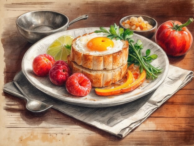Auf dem Bild ist ein ansprechend angerichtetes Gericht zu sehen. Im Mittelpunkt steht vermutlich ein ei-gefülltes Brot oder eine Art Eintopf aus Brot, das etwas rustikal aussieht. Dazu sind frische Zutaten wie Tomaten, Limette, aromatische Kräuter und verschiedene Früchte angerichtet.Kulinarische Highlights der Region könnten frisches, handwerklich gebackenes Brot, schmackhafte Tomaten aus dem Garten, sowie saisonales Obst wie Himbeeren und Citrusfrüchte umfassen. Diese Zutaten spiegeln die Farben und Aromen der lokalen Küche wider und bieten einen köstlichen, gesunden Genuss.