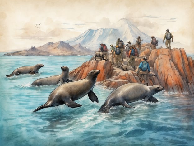 Auf dem Bild sind eine Gruppe von Menschen zu sehen, die an einer felsigen Küste stehen und die Landschaft beobachten. Im Wasser schwimmen mehrere Seelöwen, eine typische Tierart der Galapagosinseln.In den Galapagosinseln können Besucher Aktivitäten wie Schnorcheln und Tauchen unternehmen, um die vielfältige Meeresfauna zu erkunden. Zudem gibt es geführte Wanderungen, bei denen man die einzigartigen Landschaften und die Tierwelt hautnah erleben kann. Auch Bootsfahrten zu verschiedenen Inseln sind beliebt, um mehr über die Natur und die Tierarten der Galapagosinseln zu lernen. Seelöwen sind oft ein Highlight dieser Ausflüge, da sie in ihrem natürlichen Lebensraum beobachtet werden können.
