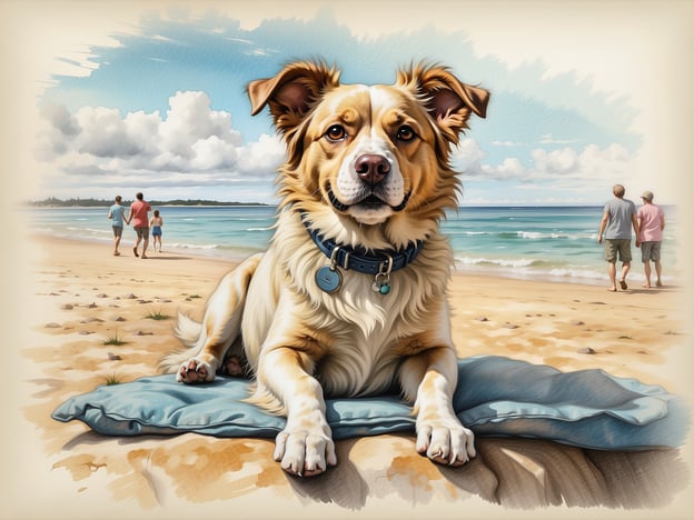 Ein entspannter Hund liegt auf einem blauen Kissen am Strand von Usedom. Im Hintergrund sind Spaziergänger zu sehen, die am Wasser entlang gehen. Der Himmel ist klar mit einigen Wolken, und die sanften Wellen des Meeres schlagen sanft gegen den Strand. Das Bild strahlt eine freundliche und fröhliche Urlaubsstimmung aus.