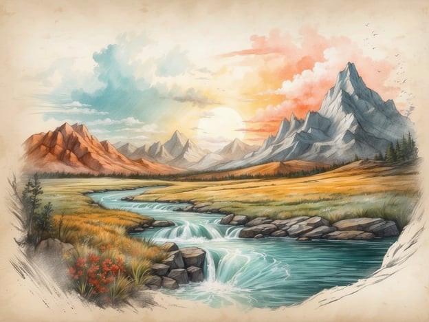 Auf dem Bild ist eine malerische Landschaft mit einem ruhigen Fluss, der durch ein grünes Tal fließt, umgeben von Bergen und sanften Hügeln. Die Farben des Sonnenuntergangs verleihen der Szene eine warme Atmosphäre.In der amerikanischen Literatur haben Flüsse oft eine symbolische Bedeutung. Sie stehen häufig für Freiheit, Veränderung und die Reise des Lebens. Flüsse sind Orte der Selbstfindung und der Reflexion, wie in Mark Twains "Die Abenteuer des Huckleberry Finn", wo der Mississippi gleichzeitig Hindernis und Befreiung darstellt. Sie können auch die Verbindung zur Natur und zur amerikanischen Identität repräsentieren, häufig als Botschafter der ergreifenden Schönheit und Spiritualität der Landschaft.