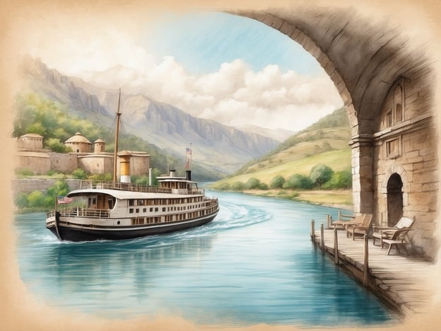 Auf dem Bild sieht man ein majestätisches Flusskreuzfahrtschiff, das ruhig durch ein malerisches Gewässer fährt. Die Landschaft im Hintergrund ist von sanften Hügeln und Bergen geprägt, während die Ufer mit üppigem Grün und teilweise historischen Gebäuden gesäumt sind. Ein hölzerner Steg mit Liegen lädt zum Entspannen ein und unterstreicht die Idylle einer entspannten Flusskreuzfahrt.Das Erlebnis einer Flusskreuzfahrt in den USA ist oft geprägt von atemberaubenden Ausblicken, romantischen Sonnenuntergängen und der Möglichkeit, charmante Städte und ländliche Gegenden zu erkunden. Die Kombination aus Komfort an Bord und der Schönheit der Natur sorgt für unvergessliche Erinnerungen.