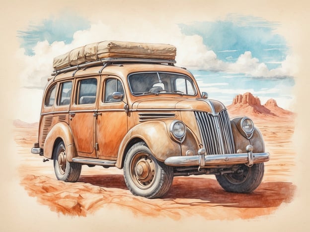Auf dem Bild ist ein alter Geländewagen zu sehen, der in einer Wüstenlandschaft steht. Die Umgebung ist von sandigen Böden und Felsen geprägt, was ein Gefühl von Abenteuer und Entdeckung in der Wüste vermittelt. Der Wagen ist mit einem Gepäckträger auf dem Dach ausgestattet, was darauf hindeutet, dass er für eine Reise oder Expedition vorbereitet ist.Stell dir vor, das Abenteuer führt weiter am Meer, wo die Wellen gegen die Küste schlagen und der Blick auf den Horizont endlos scheint. Der Kontrast zwischen der trockenen Wüste und dem erfrischenden Meer könnte ein aufregendes Erlebnis für Reisende darstellen, die sowohl die Weite der Wüste als auch die Schönheit des Meeres genießen möchten.