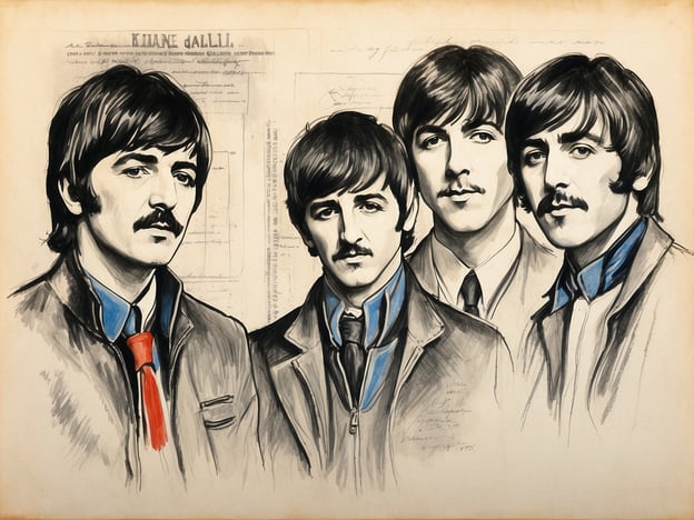 Auf dem Bild sind vier stilisierte Portraits von Personen zu sehen, die für ihre Musikkarriere bekannt sind. Diese Darstellung erinnert stark an die berühmte Band The Beatles, die in den 1960er Jahren weltweite Berühmtheit erlangte. Ihre Musik hatte großen Einfluss auf die Popkultur und sie traten oft bei bedeutenden Veranstaltungen wie dem Ed Sullivan Show auf, die einen enormen Einfluss auf die Musikszene hatte.Die Beatles sind auch mit verschiedenen Sehenswürdigkeiten verbunden, wie dem Abbey Road Studio in London, wo sie viele ihrer ikonischen Alben aufnahmen. Ihre Auftritte in Liverpool, ihrer Heimatstadt, sind ebenfalls legendär und ziehen noch heute viele Touristen an.