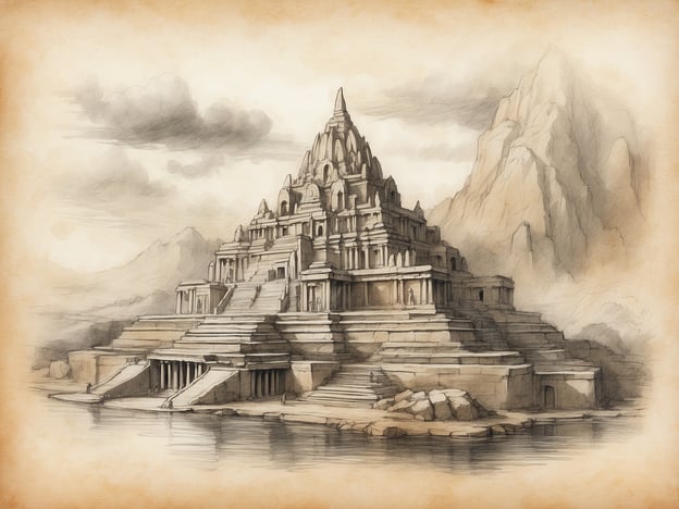Auf dem Bild sieht man eine majestätische Tempelanlage, die an architektonische Monumente antiker Zivilisationen erinnert, wie zum Beispiel an die Stufenpyramiden der Maya oder die Tempel in Angkor Wat. Diese Gebäude verkörpern die religiösen und kulturellen Werte der Gesellschaften, die sie errichtet haben.In vielen antiken Kulturen waren Tempel Zentren des spirituellen Lebens. Sie dienten nicht nur als Orte des Gottesdienstes, sondern auch als kulturelle und soziale Treffpunkte. Die Bauweise war oft so konzipiert, dass sie sowohl die Macht des religiösen Glaubens als auch die ingenieurtechnischen Fähigkeiten der jeweiligen Zivilisation widerspiegelte.Die Stufen und die Verwendung von Wasser um den Tempel herum könnten auf einen religiösen Zusammenhang hinweisen, ähnlich wie in ägyptischen Tempelanlagen, wo Wasser häufig symbolische Bedeutung hatte und die Reinheit des Ortes darstellte. Solche Monumente sind häufig mit komplexen mythologischen Erzählungen verbunden, die den Gläubigen Hoffnung und Orientierung bieten.Insgesamt symbolisieren Bauwerke wie dieses das Streben der Menschen nach einer Verbindung zu einer höheren Macht und die Bedeutung von Glauben und Kultur in der Geschichte der Menschheit.