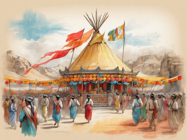Auf dem Bild ist eine lebhafte Szene zu sehen, die wahrscheinlich auf ein traditionelles Fest oder eine kulturelle Veranstaltung in einer ländlichen Region hinweist. Die bunten Zelte und Fahnen deuten auf feierliche Aktivitäten hin, während die Menschen in traditioneller Kleidung, die oft für solche Anlässe getragen wird, zusammenkommen.Solche Festivals können typischerweise charakteristisch für bestimmte Kulturen sein, beispielsweise in Asien oder dem Mittleren Osten. Sie feiern oft landwirtschaftliche Ernten, lokale Bräuche oder religiöse Feste. Die Verwendung von bunten Lampions und Flaggenschmuck ist häufig, um eine festliche Atmosphäre zu schaffen. Die Gemeinschaft spielt hier eine zentrale Rolle, indem sie zusammenkommt, um Tänze, Musik und möglicherweise auch kulinarische Köstlichkeiten zu genießen.Solche Events fördern die soziale Interaktion und stärken das Gemeinschaftsgefühl. Auch traditionelle Spiele und Wettbewerbe sind häufig Teil solcher Feiern, die das kulturelle Erbe und die Traditionen der Region widerspiegeln.