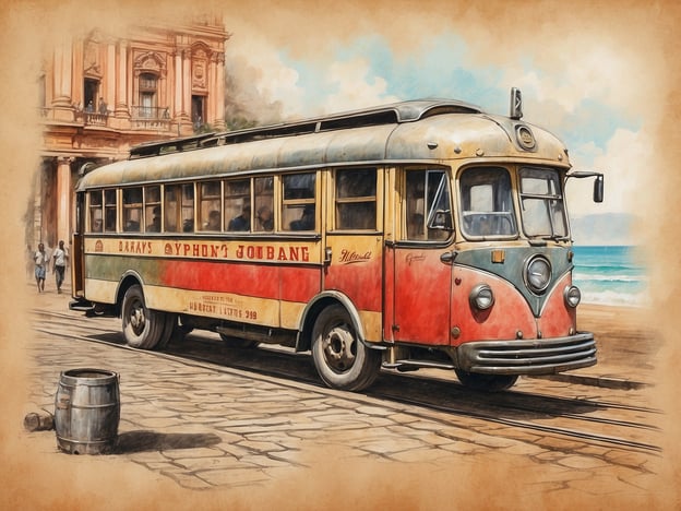 Auf dem Bild ist ein nostalgischer Bus zu sehen, der wohl aus einer früheren Zeit stammt. Er hat eine auffällige rot-gestreifte Farbgebung und könnte in einer historischen Umgebung abgebildet sein, die an die Strände von Durban erinnert. Durban ist bekannt für seine belebte Küstenlinie, lebendige Kultur und Geschichte, die sowohl europäische als auch afrikanische Einflüsse umfasst.In der Vergangenheit war der öffentliche Nahverkehr in Durban, wie das Bussystem, ein wichtiger Bestandteil des Lebens der Menschen. Die Stadt hat eine lange Geschichte der Migration und Vielfalt, was sich in der Kulturlandschaft und im öffentlichen Leben widerspiegelt. Die Strände von Durban, die während der Kolonialzeit als Freizeitort populär wurden, ziehen auch heute noch Touristen und Einheimische an.Der Bus auf dem Bild könnte also eine Verbindung zur Geschichte des öffentlichen Verkehrs in der Stadt darstellen, während er gleichzeitig die kulturellen Traditionen und den Lebensstil von Durban widerspiegelt.