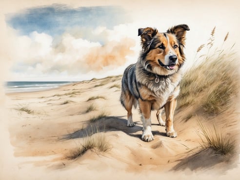 Ein fröhlicher Hund steht auf einem Sandweg zwischen sanften Dünen, umgeben von grünem Gras und Küstenlandschaft. Im Hintergrund erstreckt sich das Meer unter einem klaren Himmel mit vereinzelten Wolken. Diese idyllische Szenerie verkörpert einen entspannten Urlaub auf Sylt mit einem geliebten Vierbeiner, der die Natur und Exklusivität der Umgebung genießt.