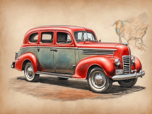 Auf dem Bild ist ein nostalgisches Auto zu sehen, das in den Farben Rot und Grün lackiert ist. Es hat einen klassischen Look, der an die Fahrzeuge aus der Mitte des 20. Jahrhunderts erinnert. Im Hintergrund ist eine Karte der USA angedeutet.Entdecke die faszinierende Ostküste der USA: Diese Region ist bekannt für ihre historische Architektur, malerische Küsten und charmante Städte. Von den lebhaften Straßen New Yorks bis zur idyllischen Natur in Neuengland gibt es viel zu entdecken!