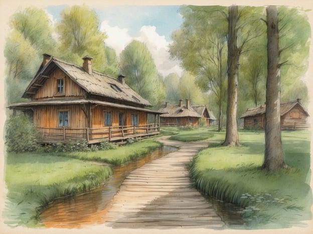 Eine malerische Landschaft im Spreewald mit traditionellen Holzhäusern, umgeben von üppigem Grün und hohen Bäumen. Ein schmaler, gewundener Holzweg führt entlang eines ruhigen Gewässers. Die Umgebung strahlt Ruhe und Idylle aus, ideal für einen Urlaub mit Hund, um die Kahnfahrten und Waldwege zu genießen.
