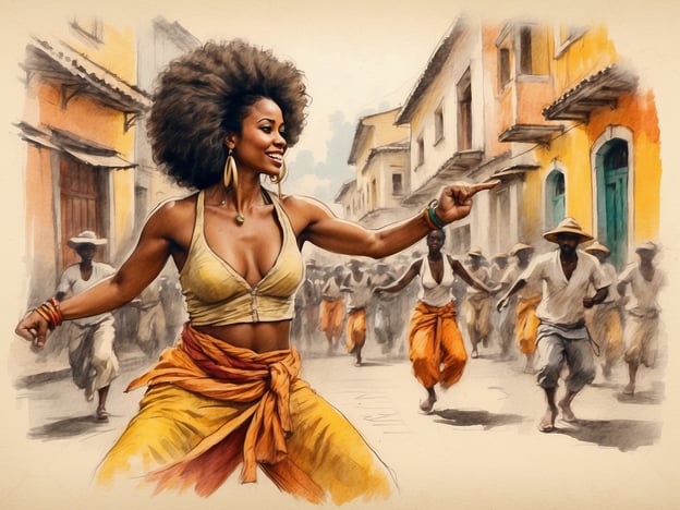 Auf dem Bild ist eine fröhliche Tänzerin zu sehen, die in bunten Kleidern tanzt und die Lebendigkeit der Kultur in Salvador de Bahia verkörpert. Ihr Ausdruck und die Bewegungen deuten auf eine Feierlichkeit hin, die typisch für die vielen Festlichkeiten und Karnevalstraditionen in der Stadt sind.In Salvador de Bahia sind kulturelle Highlights wie der Karneval, der mit seinen lebhaften Tänzen und farbenfrohen Kostümen begeistern kann, sehr bedeutend. Die Stadt ist auch bekannt für ihre afro-brasilianische Musik, insbesondere in den Formen von Samba und Axé. Die historischen Straßen des Pelourinho, mit ihren kolonialen Gebäuden und der reichen Geschichte, stellen ebenfalls ein wichtiges Element der kulturellen Identität dieser Region dar.