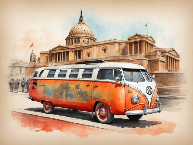 Auf dem Bild sieht man einen klassisch gestalteten VW-Bus, der in auffälligen Farben lackiert ist und eine künstlerische Darstellung zeigt. Im Hintergrund ist eine beeindruckende architektonische Struktur zu erkennen, die vermutlich an historische Gebäude in Rom erinnert, wie etwa den Petersdom oder das Gebäude des römischen Parlaments.Der VW-Bus, oft als Symbol für Freiheit und Abenteuer in den 1960er Jahren gesehen, repräsentiert eine Ära, in der das Reisen und das Leben auf der Straße populär wurden. Diese Fahrzeuge wurden häufig von Hippies und Reisenden genutzt, was ihnen einen kulturellen Stellenwert verlieh.Das architektonische Element im Hintergrund suggeriert eine Verbindung zur römischen Geschichte, die reich an Kultur, Kunst und politischem Einfluss ist. Rom ist bekannt für seine historischen Stätten und monumentalen Bauwerke, die weltweit bewundert werden. Die Kombination aus dem VW-Bus und der beeindruckenden Architektur schafft eine faszinierende Verbindung von moderner Mobilität mit der reichen Geschichte und Kultur der Stadt.