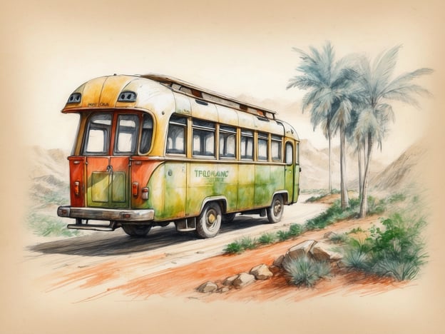 Auf dem Bild ist ein alter, farbenfroher Omnibus zu sehen, der auf einer Straße durch eine landschaftlich reizvolle Umgebung fährt, umgeben von Palmen und Bergen. Dieses Bild könnte im Kontext des nachhaltigen Tourismus interpretiert werden, der den Einsatz von umweltfreundlichen Transportmitteln fördert.Ein solcher Bus könnte als Symbol für umweltbewusste Reisen stehen, bei denen die Natur geschont und die lokale Kultur respektiert wird. Der Fokus auf die Erhaltung der Umwelt und die Unterstützung lokaler Gemeinschaften ist entscheidend für den nachhaltigen Tourismus. Die Verwendung alter Fahrzeuge anstelle von modernen, energieintensiven Optionen kann dazu beitragen, den ökologischen Fußabdruck zu minimieren und ein authentisches Reiseerlebnis zu bieten.