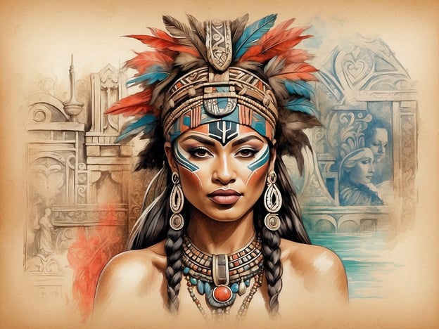 Auf dem Bild ist eine Frau zu sehen, die in einem kulturell inspirierten Outfit gekleidet ist. Sie trägt kunstvoll gestaltete Schmuckstücke und eine beeindruckende Kopfbedeckung mit Federn, die an traditionelle Maori-Styles erinnern könnte. Ihre Gesichtsbemalung ist farbenfroh und symbolisch, was auf eine tiefe Verbindung zu ihrer kulturellen Identität hinweist.Die Darstellung könnte Elemente der Kulturellen Vielfalt verdeutlichen, indem sie die Schönheit und Traditionen indigener Völker feiert. Maori-Traditionen legen großen Wert auf Spiritualität, Gemeinschaft und Respekt für die Natur, was in der Symbolik und dem Ausdruck des Charakters auf dem Bild widergespiegelt werden kann. Die Verbindung zwischen Mensch und Umwelt ist ein zentraler Bestandteil der Maori-Kultur, was durch die Darstellung von Naturmotiven und traditionellen Symbolen in ihrer Kunst unterstrichen wird.