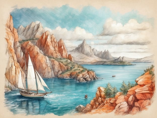 Auf dem Bild ist eine wunderschöne Landschaft mit hohen, felsigen Bergen und einem klaren, blauen Wasser zu sehen. Im Vordergrund fährt ein Boot mit Segeln, was darauf hindeutet, dass es Aktivitäten auf dem Wasser gibt, wie Segeln oder Bootfahren.An Land könnten Abenteuer wie Wandern oder Klettern in den Bergen stattfinden. Die malerische Umgebung lädt dazu ein, die Natur zu erkunden und vielleicht sogar die Küste abseits der Pfade zu entdecken. Die Kombination aus See- und Landaktivitäten bietet eine ideale Kulisse für Erholung und Abenteuer in der Natur.