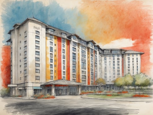Das Bild zeigt ein mehrstöckiges Hotelgebäude mit einer modernen Architektur und bunten Fassaden in Gelb, Orange und Rot. Vor dem Hotel ist ein großzügiger Eingang mit Überdachung sowie einem kleinen Vorplatz mit Pflanzen und Bäumen zu sehen. Der Himmel ist in einem sanften Blauton mit orangefarbenen Akzenten gefärbt, was eine einladende Atmosphäre schafft. NH Hotels Last-Minute Angebote und Gutscheincodes: Jetzt Rabatte sichern.