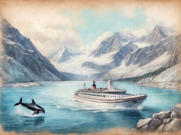Auf dem Bild ist ein Kreuzfahrtschiff zu sehen, das durch eine beeindruckende, gebirgige Landschaft fährt. Die umliegenden Berge sind schneebedeckt und spiegeln die majestätische Schönheit der Natur wider. Im Wasser springt ein Wal, was eine der faszinierenden Aktivitäten auf einer Kreuzfahrt entlang der nördlichen Route darstellt.Während der Reise könnten die Passagiere erleben, wie sie an Deck des Schiffes stehen und Wale beobachten, eine aufregende Möglichkeit, die Tierwelt hautnah zu erleben. Zudem gibt es oft geführte Ausflüge, bei denen man mehr über die geologischen Formationen und die Flora und Fauna der Region erfährt. Abende an Bord bieten die Gelegenheit, lokale Köstlichkeiten zu probieren und sich mit anderen Reisenden auszutauschen, während man den Sonnenuntergang über den schneebedeckten Gipfeln genießt.