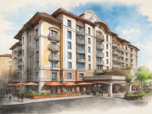Ein stilvolles Hotelgebäude mit mehreren Etagen, das eine moderne Architektur zeigt. Das Gebäude hat große Fenster und balkonartige Ausstülpungen. Vor dem Eingang sind mehrere orangefarbene Sonnenschirme aufgestellt, die einen Restaurantbereich im Freien beschatten. Um das Hotel herum sind Grünpflanzen angeordnet, und zahlreiche Passanten sind auf dem Gehweg zu sehen. Der Himmel ist klar und blau, was eine einladende Atmosphäre schafft.