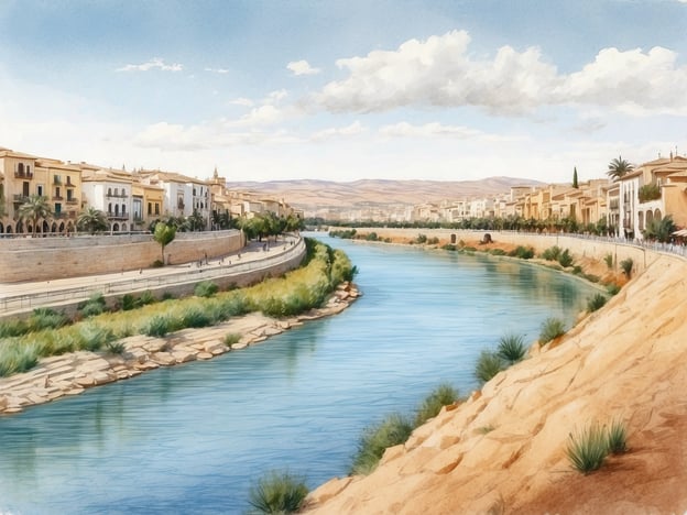 Das Bild zeigt eine malerische Landschaft mit einem ruhigen Fluss, der von Häusern und Bäumen gesäumt wird. Diese Szenerie erinnert an den Guadalquivir-Fluss in Andalusien, der eine große historische und kulturelle Bedeutung hat.Der Guadalquivir ist einer der wichtigsten Flüsse Spaniens und durchfließt Städte wie Sevilla und Córdoba. Er spielte eine zentrale Rolle in der Entwicklung der Region, sowohl wirtschaftlich als auch kulturell. Der Fluss war ein entscheidender Handelsweg und trug zur Verbreitung von Landwirtschaft, Kunst und Wissenschaft in Andalusien bei. Außerdem verbindet er die reiche Geschichte der maurischen und christlichen Zivilisationen, die die Region geprägt haben. Der Guadalquivir ist auch ein beliebtes Ziel für Touristen, die die Schönheit der Landschaft und die historischen Stätten entlang des Flusses genießen möchten.
