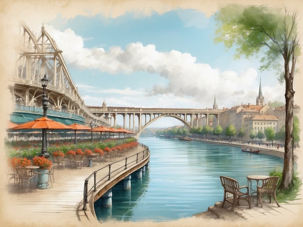 Auf dem Bild ist eine malerische Uferpromenade zu sehen, die an einem Fluss entlangführt. Es gibt gemütliche Tische und Stühle, umgeben von blühenden Blumen und Sonnenschirmen. Im Hintergrund sieht man eine beeindruckende Brücke, die über den Fluss führt, sowie historische Gebäude, die die Uferlandschaft prägen.Dies erinnert an die Sehenswürdigkeiten entlang des Guadalquivir in Sevilla, wie die Torre del Oro, die wunderschöne Uferpromenade und die typischen Brücken der Stadt. Solche Szenen sind typisch für die entspannte Atmosphäre, die entlang des Guadalquivir herrscht.