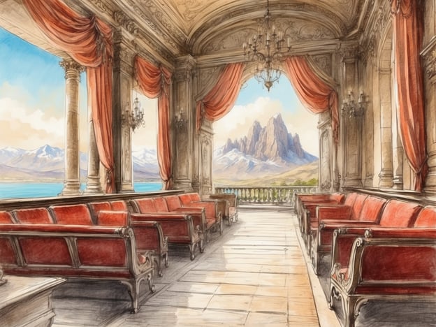 Auf dem Bild ist eine elegante Lounge oder Veranda zu sehen, die einen atemberaubenden Blick auf die Berge und das Wasser bietet. Diese Umgebung erinnert an die Atmosphäre einer Flusskreuzfahrt, wo Passagiere in stilvollem Ambiente entspannen können.Highlights einer Flusskreuzfahrt könnten folgendes umfassen:- **Panoramablick**: Die Möglichkeit, wunderschöne Landschaften und malerische Flussufer zu genießen.- **Komfortable Sitze**: Wie die roten Sofas im Bild, die einladend für entspannende Momente sind.- **Elegante Gestaltung**: Das historische und stilvolle Interieur schafft eine besondere Atmosphäre.- **Vielfältige Ausflüge**: Gelegenheit, Haltestellen entlang des Flusses zu erkunden und lokale Kulturen zu erleben.Insgesamt spiegelt das Bild die Annehmlichkeit und den Luxus wider, die man auf solchen Reisen erleben kann.