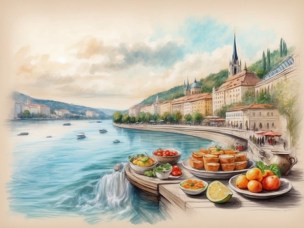 Auf dem Bild sind kulinarische Genüsse zu sehen, die entlang der Donau präsentiert werden. Es gibt eine Auswahl an frischen Früchten, darunter Orangen, Zitronen und Kirschen. Auf einem Teller sind kleine, appetitliche Häppchen oder Gebäck angerichtet, die typisch für die Region sein könnten.Der Hintergrund zeigt eine malerische Uferlandschaft mit historischen Gebäuden und einer sanften Welle, die den perfekten Rahmen für eine entspannte Genussreise entlang der Donau bietet. Die gesamte Szenerie strahlt eine einladende Atmosphäre aus, die zum Schlemmen und Verweilen einlädt.