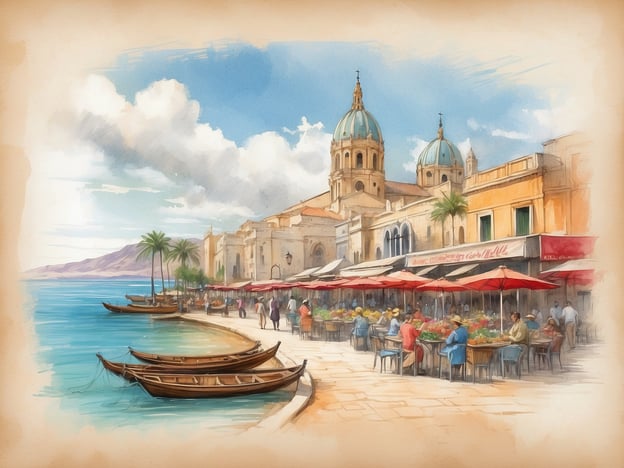 Auf dem Bild ist eine malerische Küstenlandschaft mit einem belebten Marktplatz zu sehen, der von Palmen gesäumt ist. Solche Szenen könnte man in der Nähe des Suezkanals finden, wo es verschiedene Sehenswürdigkeiten gibt.Zum Beispiel könnte es in der Nähe von **Port Said** sein, einer Stadt, die am nördlichen Ende des Suezkanals liegt und bekannt für ihre schöne Strandpromenade ist. Auch **Ismailia**, eine Stadt westlich des Kanals, bietet eine schöne Uferpromenade und viele Märkte.Die Architektur mit Kuppeln könnte an die **Al-Nasr Moschee** in Port Said erinnern, die für ihre markanten Kuppeln bekannt ist. Insgesamt vermittelt das Bild einen Eindruck von der lebendigen Atmosphäre und dem kulturellen Reichtum entlang des Suezkanals.