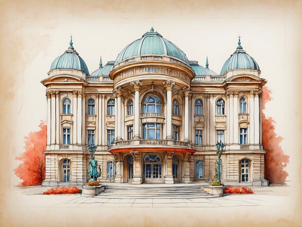 Auf dem Bild ist ein prächtiges Gebäude zu sehen, das architektonische Eleganz ausstrahlt.**Besondere Highlights:**- **Kuppeln:** Die auffälligen Kuppeln auf dem Dach verleihen dem Gebäude einen majestätischen Look.- **Säulen:** Die großen, klassischen Säulen an der Vorderseite betonen die Monumentalität und den Reichtum der Architektur.- **Verzierungen:** Fein gestaltete Verzierungen und Fensterrahmen unterstreichen den Detailreichtum des Designs.- **Treppenaufgang:** Der elegante Treppenaufgang lädt Besucher ein und schafft einen feierlichen Zugang.- **Umgebung:** Bunte Sträucher und dekorative Elemente im Vordergrund fügen dem Gesamtbild eine einladende Atmosphäre hinzu.Insgesamt vermittelt das Gebäude ein Gefühl von Geschichte und kulturellem Erbe.