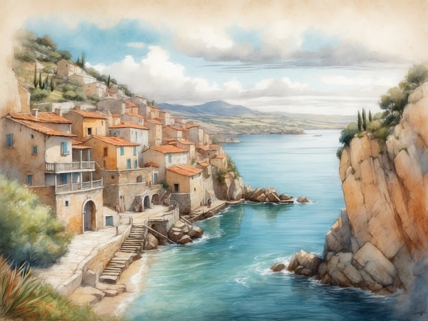 Auf dem Bild ist eine malerische Küstenlandschaft mit idyllischen Häusern zu sehen, die entlang eines Wasserwegs angeordnet sind. Die sanften Hügel, das klare Wasser und die typischen mediterranen Gebäude verleihen der Szene eine gemütliche Atmosphäre.Wenn wir die schönsten Kreuzfahrtziele entlang des Nord-Ostsee-Kanals betrachten, könnten wir ähnliche charmante Küstenorte finden, wie etwa das historische Kappeln oder die malerische Stadt Glückstadt. Diese Orte bieten eine einzigartige Mischung aus maritimem Flair, wunderschöner Landschaft und kulturellen Sehenswürdigkeiten, die den Reiz einer Kreuzfahrt entlang des Kanals ausmachen.