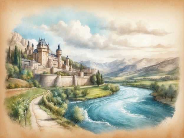Auf dem Bild ist eine malerische Landschaft mit einem beeindruckenden Schloss zu sehen, das majestätisch auf einem Hügel thront. Der Fluss fließt friedlich durch die Szenerie, umgeben von grünen Wiesen und sanften Hügeln. Diese Darstellung könnte die perfekte Kulisse für eine Loire-Kreuzfahrt bieten, bei der man einzigartige Erlebnisse genießen kann.Stellen Sie sich vor, wie Sie an Bord eines Schiffes entlang der Loire gleiten und atemberaubende Ausblicke auf historische Schlösser und die malerische Landschaft der Region genießen. Vielleicht besuchen Sie das berühmte Château de Chambord oder erkunden kleine Weinstädtchen, während Sie die exquisite Loire-Weine probieren. Abends könnten Sie an Deck sitzen und den Sonnenuntergang über dem Fluss bewundern, während die sanfte Brise vom Wasser herüberweht. Solche Erlebnisse machen eine Loire-Kreuzfahrt unvergesslich.
