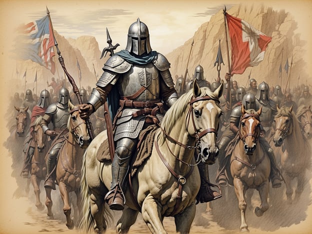 Auf dem Bild ist eine Gruppe von schwer gepanzerten Rittern zu sehen, die auf Pferden reiten. Sie tragen Rüstungen und halten Fahnen in den Händen. Der zentralste Reiter wirkt besonders hervorgehoben. Die Szene vermittelt das Bild einer historischen Schlacht oder des Marsches in den Krieg, ähnlich den Ereignissen aus der Zeit der Kreuzzüge.Die Entstehung des Kreuzflugs zeigt, wie sich im Mittelalter eine militärische Kulturethik entwickelte, die durch den Glauben, das Rittertum und den Drang nach Ruhm geprägt war. solch eine Darstellung könnte in diesem Kontext gedeutet werden, als Symbol für den Kreuzzugssinn und die Mobilisierung von Soldaten aus verschiedenen Regionen.
