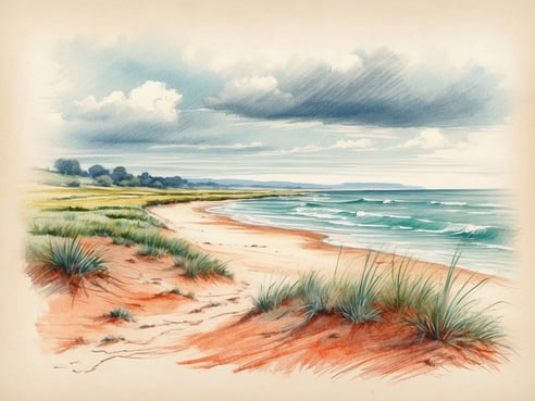 Ein malerischer Strandabschnitt mit sanften Wellen, die gegen den sandfarbenen Strand schlagen. Im Vordergrund wachsen grüne Sträucher und Gräser, während im Hintergrund eine hügelige Landschaft und ein bewölkter Himmel zu sehen sind. Die Farben vermitteln eine ruhige und friedliche Atmosphäre.