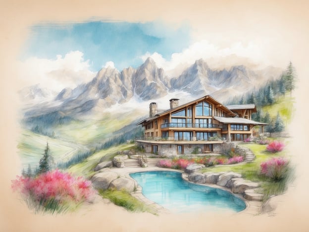 Auf dem Bild ist eine traumhafte Wellnessunterkunft inmitten der Alpen zu sehen. Die Architektur ist rustikal und modern zugleich, mit großen Fenstern, die einen spektakulären Blick auf die umliegenden Berge bieten. Ein Swimmingpool mit natürlichem Steinrand umgibt die Unterkunft, und die farbenfrohe Vegetation verleiht der Szene einen einladenden und entspannenden Charakter.
In Südtirol gibt es viele solcher Wellnesshotels, die perfekte Rückzugsorte für Erholungssuchende bieten. Beliebte Optionen sind das *Aqua Dome* in Längenfeld oder das *Hotel Castel Fragsburg* in der Nähe von Meran, bekannt für ihre atemberaubende Lage und erstklassigen Wellnessangebote.