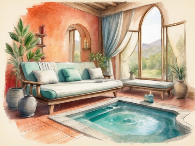 Auf dem Bild ist ein einladender Wellnessbereich zu sehen, der Entspannung und Erholung verspricht. Der Raum ist hell und freundlich gestaltet, mit einem Komfortsofa, auf dem man sich gemütlich zurücklehnen kann.
In der Mitte befindet sich ein kleiner Whirlpool, ideal für ein entspannendes Bad. Die großen Fenster bieten einen schönen Ausblick auf die Natur und bringen viel Tageslicht in den Raum, was zur beruhigenden Atmosphäre beiträgt.
Pflanzen und sanfte Dekorationen sorgen für eine harmonische Stimmung, perfekt für Aktivitäten wie Yoga, Meditation oder einfach zum Entspannen mit einer Tasse Tee. Darüber hinaus eignet sich dieser Raum hervorragend für Massagen oder Wellness-Behandlungen, um Körper und Geist in Einklang zu bringen.