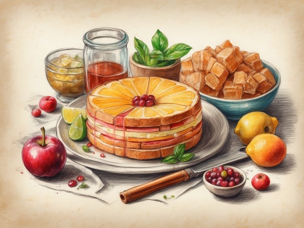 Auf dem Bild ist ein kunstvoll angerichtetes Gericht zu sehen, das verschiedene kulinarische Highlights vereint. Im Mittelpunkt steht eine schichtartige Kreation, möglicherweise ein Obstkuchen oder ein fruchtiger Sandwich, der mit saftigen Orangen- und Apfelscheiben dekoriert ist.
Um die Hauptspeise herum befinden sich regionale Spezialitäten wie frische Äpfel und Zitronen, die typisch für viele Länder in Mitteleuropa sind. Auch die kleinen Schalen mit Konfitüren oder Kompotten deuten auf handgemachte, regionale Delikatessen hin. Die Kombination von frischem Obst mit aromatischen Kräutern, wie hier möglicherweise Minze, verleiht dem Arrangement eine sommerliche Frische.
Die Präsenz von bunten Zutaten und süßen Snacks, wie die Würfel aus einer konfitierten Spezialität, macht das Bild besonders ansprechend und verleitet dazu, die regionale Vielfalt der Gastronomie zu würdigen.