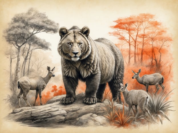 Auf dem Bild ist eine beeindruckende Szene aus der Tierwelt zu sehen. Es zeigt einen mächtigen Bären, der auf einem Felsen steht und anmutig wirkt. Um ihn herum sind mehrere Rehe, die in einer sanften Haltung stehen. Diese Konstellation könnte einen Moment der Ruhe in der Natur darstellen, in dem verschiedene Tierarten in einer artübergreifenden Koexistenz dargestellt sind.
Die Pflanzenwelt in diesem Bild scheint von einer warmen Farbpalette geprägt, mit leuchtenden Rottönen, die an den Herbst erinnern. Diese Farben können symbolisch für den Kreislauf der Natur stehen, wo das Laub der Bäume sich verändert und die Landschaft mit neuen Farben beleuchtet wird.
In der Tierwelt sind sowohl Bären als auch Rehe faszinierende Kreaturen. Bären sind oft Einzelgänger und bekannt für ihre Stärke, während Rehe in Herden leben und eine bedeutende Rolle im Ökosystem spielen, indem sie als Weidetiere das Wachstum von Pflanzen beeinflussen und zugleich Beute für größere Raubtiere darstellen.
Insgesamt vermittelt das Bild eine harmonische Beziehung zwischen Flora und Fauna, die die Schönheit und Komplexität der natürlichen Welt zeigt.